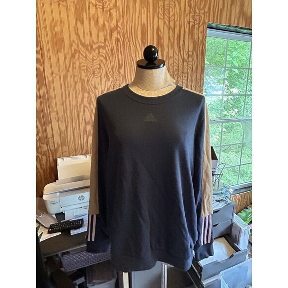Adidas Sweatshirt womens Essentials Crewneck Logo Colorblock Blue & Tan NWT XL - Picture 2 of 11